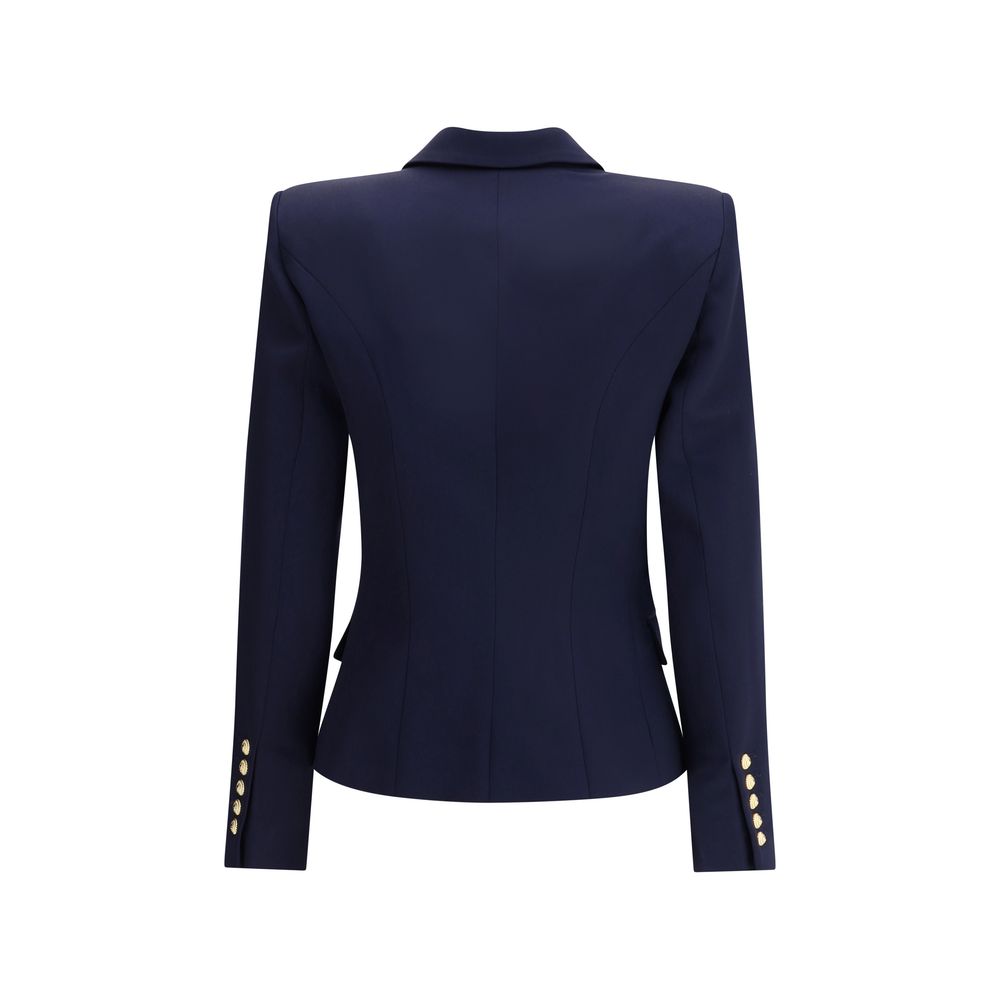 Back view of Balmain Blue Fleece Wool Blazer featuring structured shoulders, peak lapels, and gold embossed buttons.