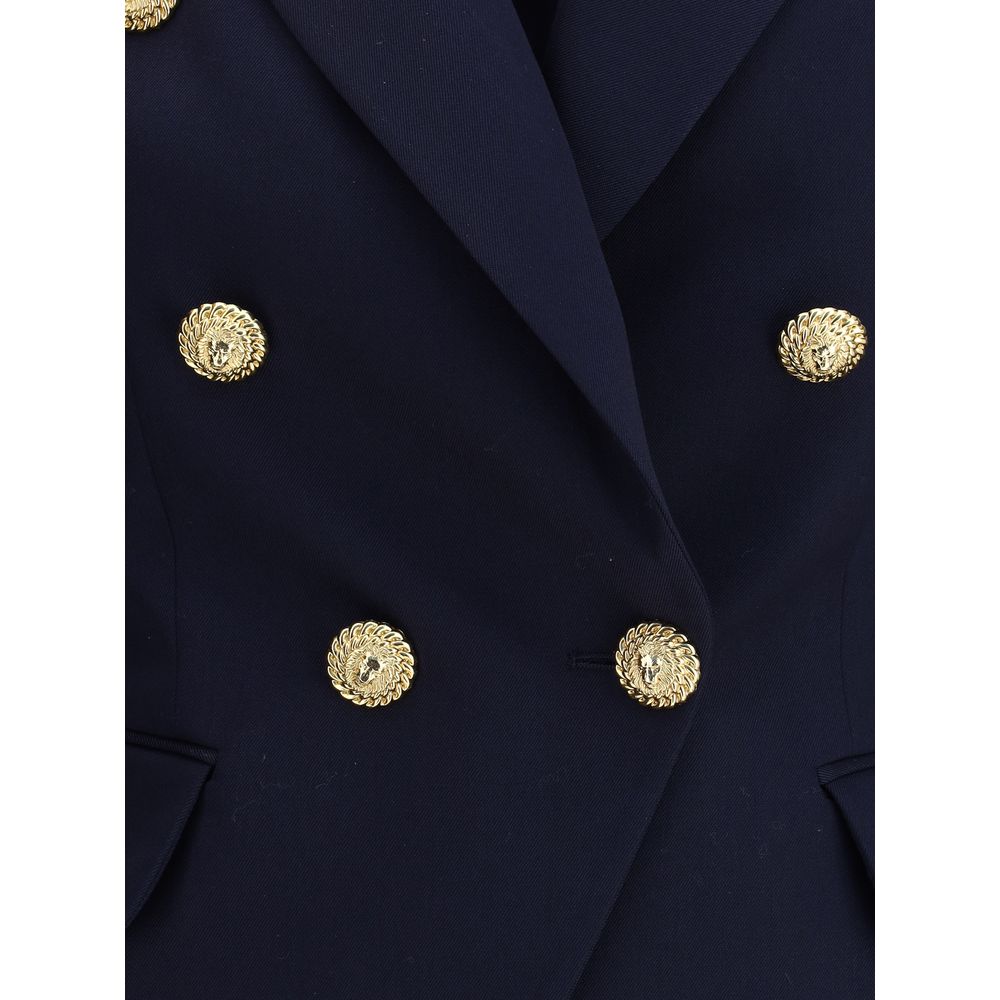 Balmain Blue Fleece Wool Blazer featuring double-breasted design with gold embossed buttons, peak lapels and structured shoulders.