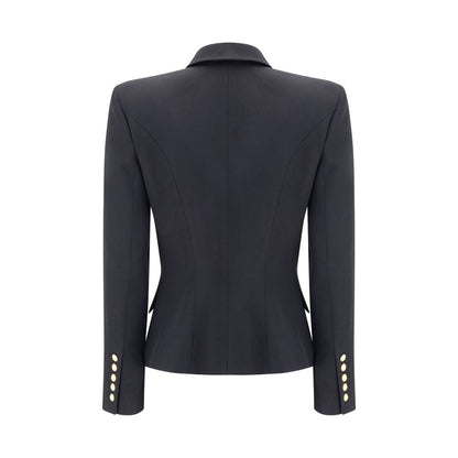 Back view of Balmain Black Wool Blazer with embossed buttons and peaked lapels, showcasing its iconic double-breasted design.