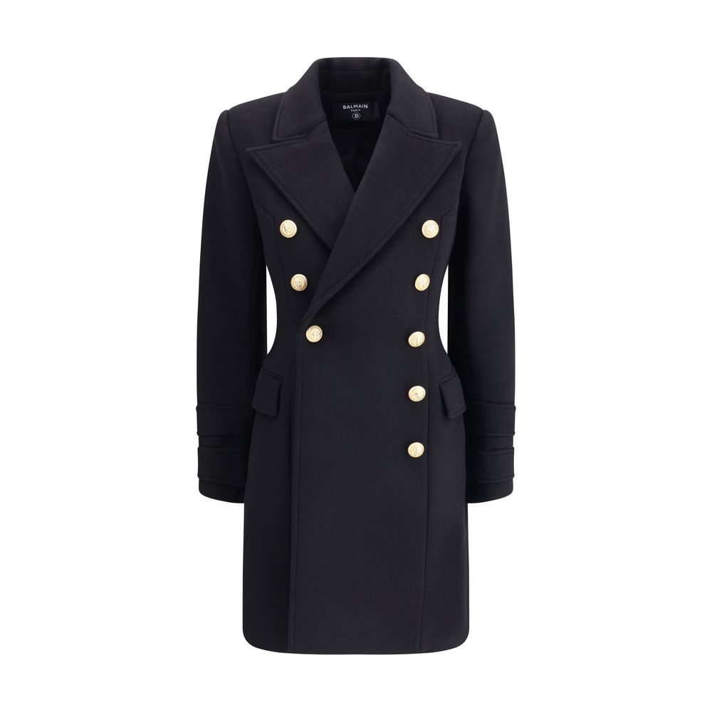 Balmain Black Fleece Wool Coat with double-breasted gold buttons and structured shoulders. Italian collar. Elegant and sophisticated design.