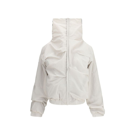 ALAINPAUL Gray Polyamide Full-Length Jacket with high collar and soft draping design, featuring front zipper and elegant silhouette.