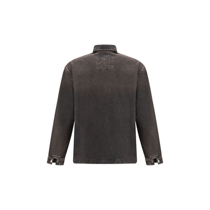 Back view of 7FOR Black Cotton Denim Jacket with classic collar and button closure, showcasing casual elegance and functionality.