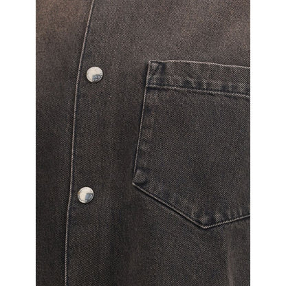 7FOR Black Cotton Denim Jacket showing front button closure and patch pocket detail, made from 100% cotton for a relaxed, edgy style.