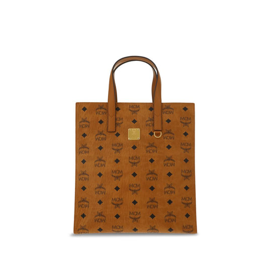 MCM Brown Polyethylene Shoulder Bag with iconic monogram pattern, double handles, and plaque detail, season AW25.