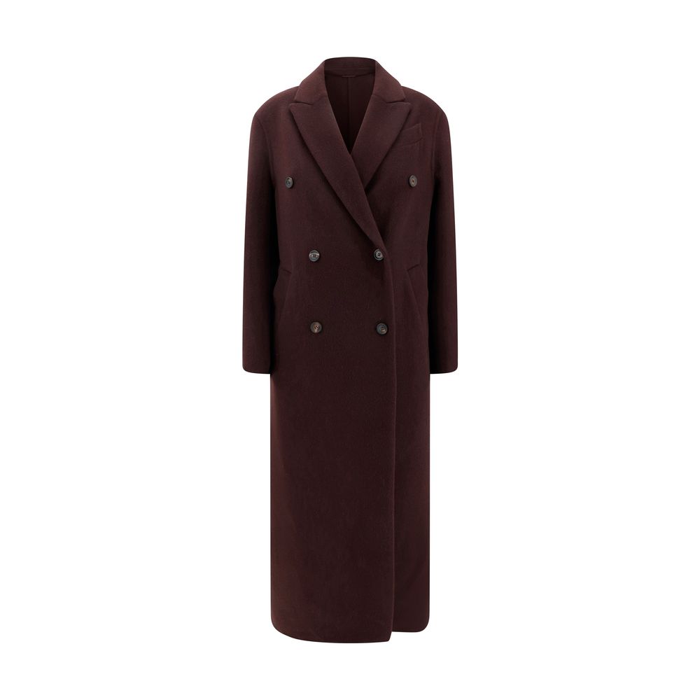 Brunello Cucinelli Bordeaux Cashmere Coat with elegant peaked lapel, double-breasted design, and side welt pockets. Luxurious AW25 fashion.