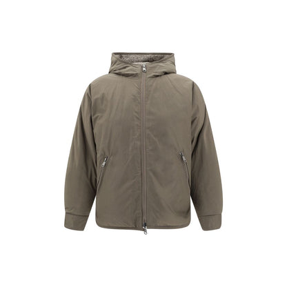 Brunello Cucinelli Brown Fleece Wool Coat with hood and reversible design featuring a front zipper and side pockets.