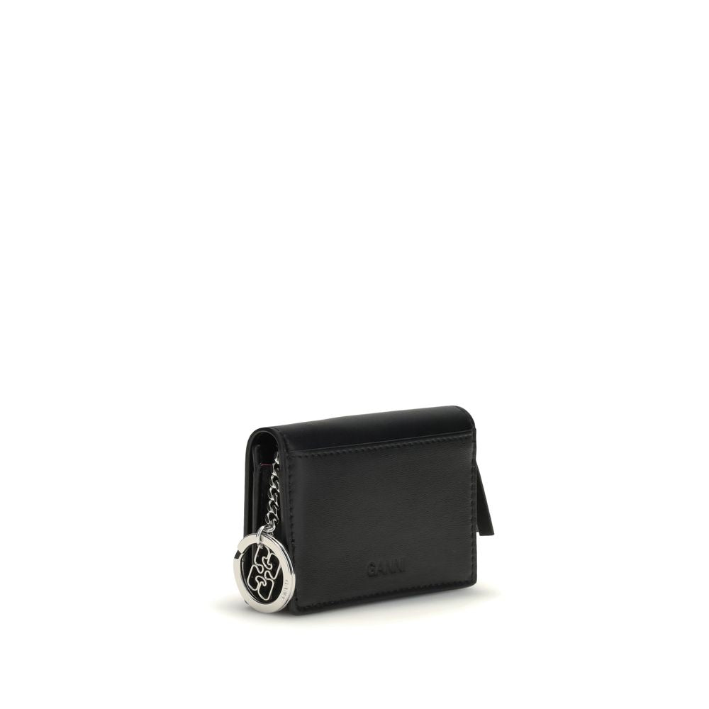 Ganni Black Recycled Leather Wallet with puppy print, butterfly logo hardware, and silver key ring. Compact and stylish card holder.