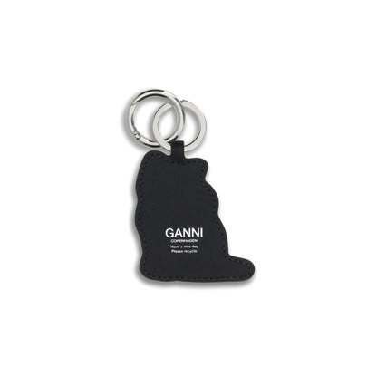 Ganni Blue Recycled Leather Keychain shaped like a cat with GANNI logo, featuring silver ring and clasp, perfect for bags or backpacks.