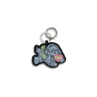 Ganni Multicolor Recycled Leather Keychain featuring playful puppy design with silver clasp for keys or bags.