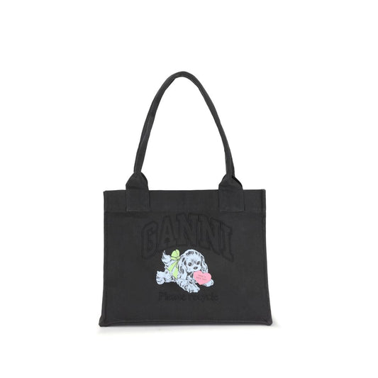 Ganni Black Cotton Shoulder Bag with puppy graphic, embroidered GANNI logo, and top handles, perfect for everyday use.