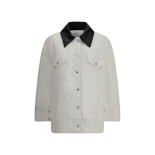 Givenchy White Cotton Denim Jacket with leather collar, engraved buttons, oversized fit, and logo appliqué detailing on the back.