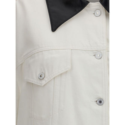 Close-up of Givenchy White Cotton Denim Jacket with leather collar and button closure.