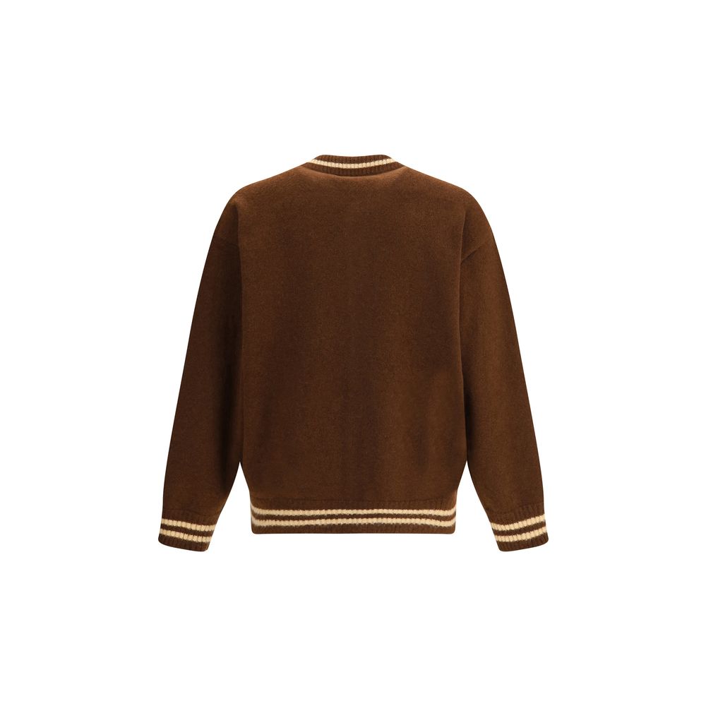 Laneus Brown Cashmere Bomber with ribbed collar, cuffs, and hem, sports-inspired design, contrasting bands, and snap-button closure.