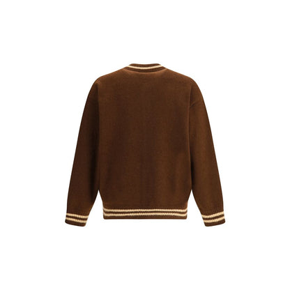 Laneus Brown Cashmere Bomber with ribbed collar, cuffs, and hem, sports-inspired design, contrasting bands, and snap-button closure.