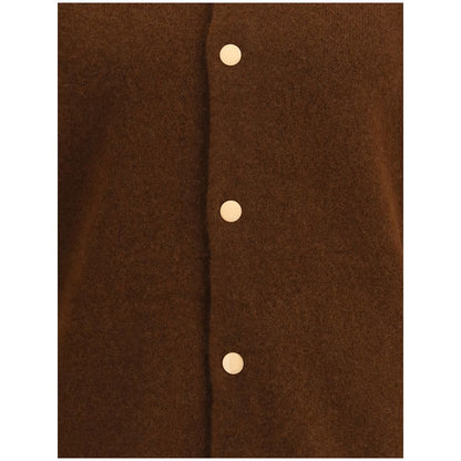 Front view of Laneus Brown Cashmere Bomber highlighting snap-button closure and fine wool material.