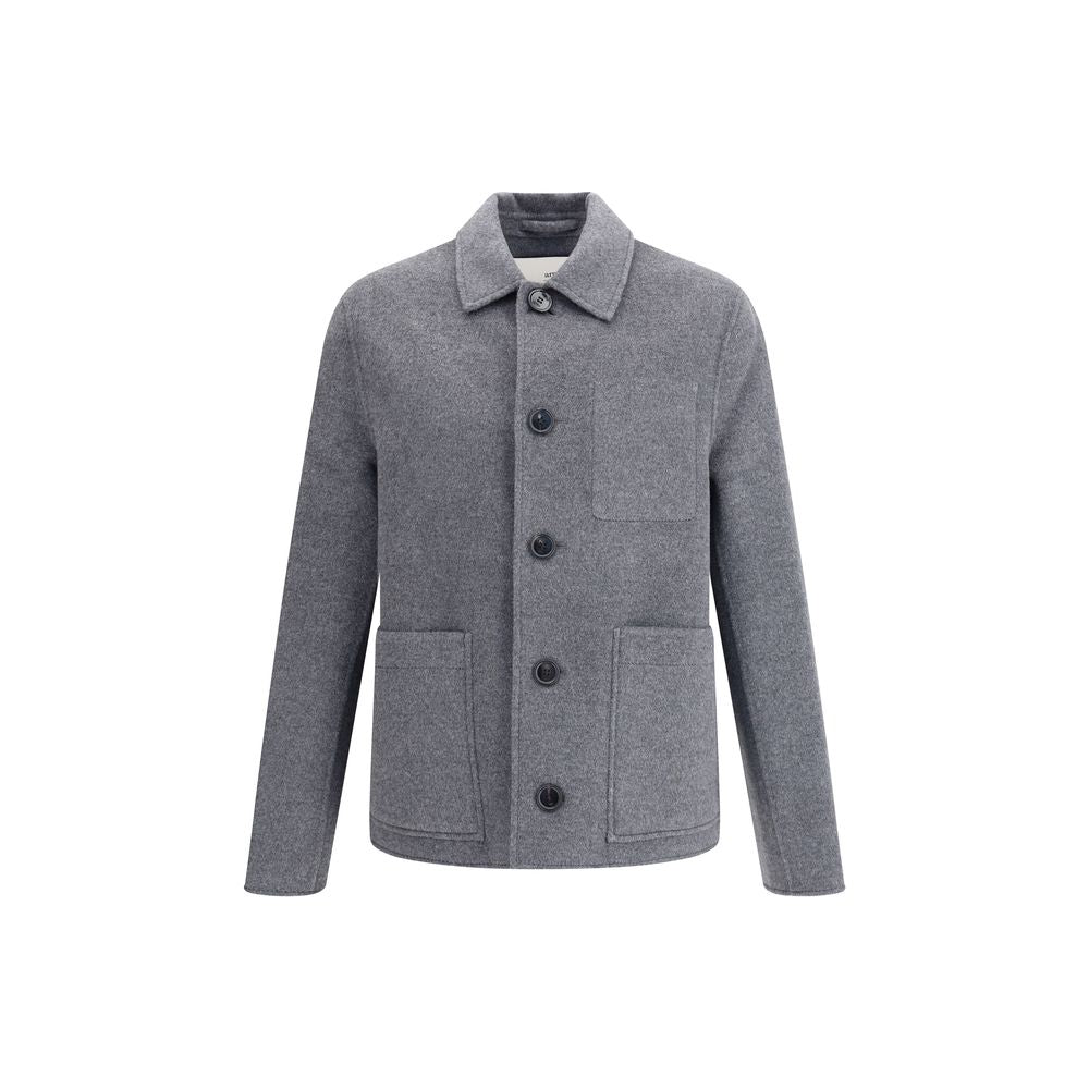 Ami Paris Gray Wool Coat with button closure, classic collar, and front patch pockets, made of 90% wool and 10% Kashmir.