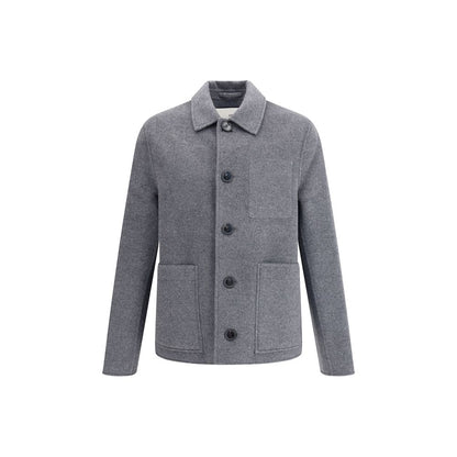 Ami Paris Gray Wool Coat with button closure, classic collar, and front patch pockets, made of 90% wool and 10% Kashmir.