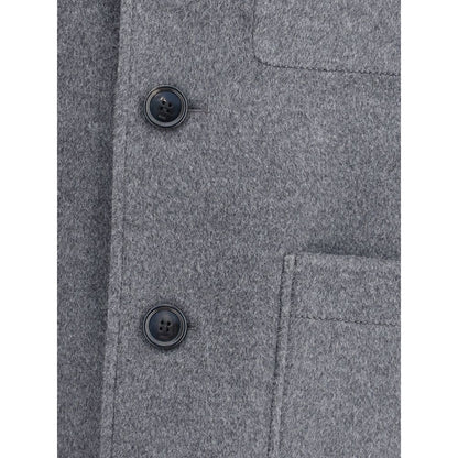 Close-up of Ami Paris Gray Wool Coat with button details and patch pocket.