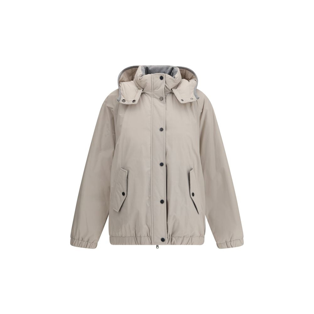 Brunello Cucinelli Gray Polyester Coat with removable hood, button closure, and side pockets
