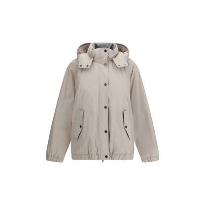 Brunello Cucinelli Gray Polyester Coat with removable hood, button closure, and side pockets