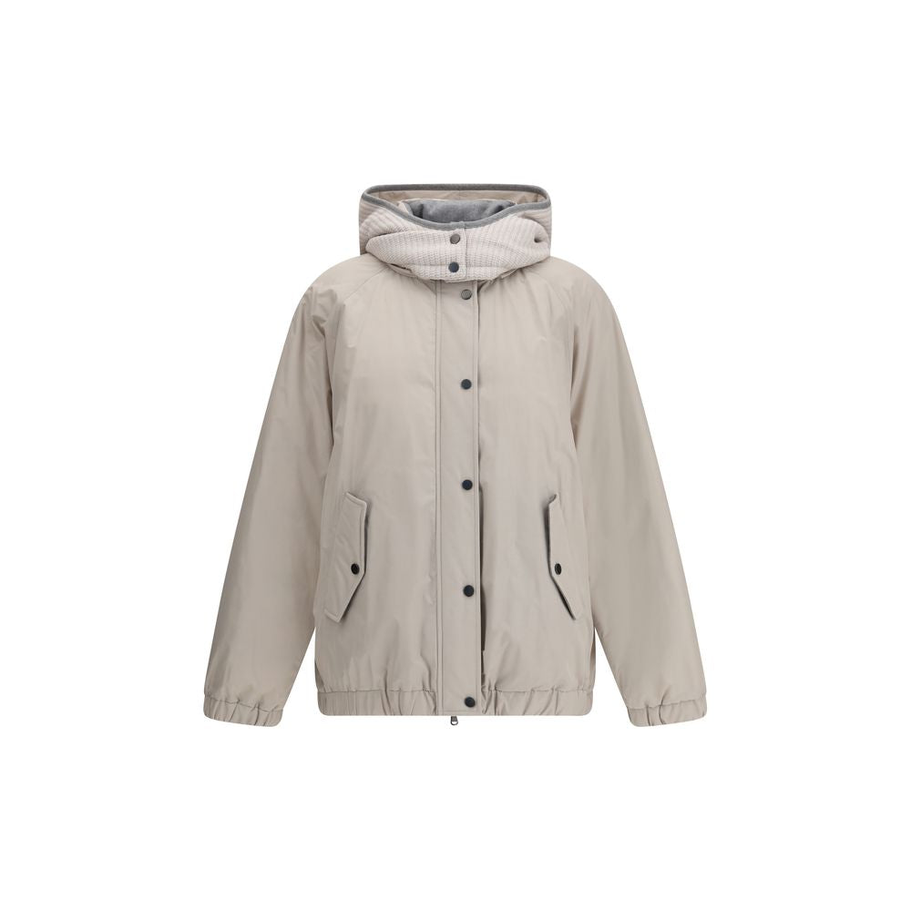 Brunello Cucinelli Gray Polyester Coat with reversible hood, zipper, button closure, and side pockets for stylish versatility.