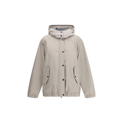 Brunello Cucinelli Gray Polyester Coat with reversible hood, zipper, button closure, and side pockets for stylish versatility.