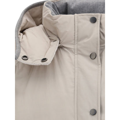 Close-up of Brunello Cucinelli Gray Polyester Coat showing padded jacket design with buttons and removable hood.