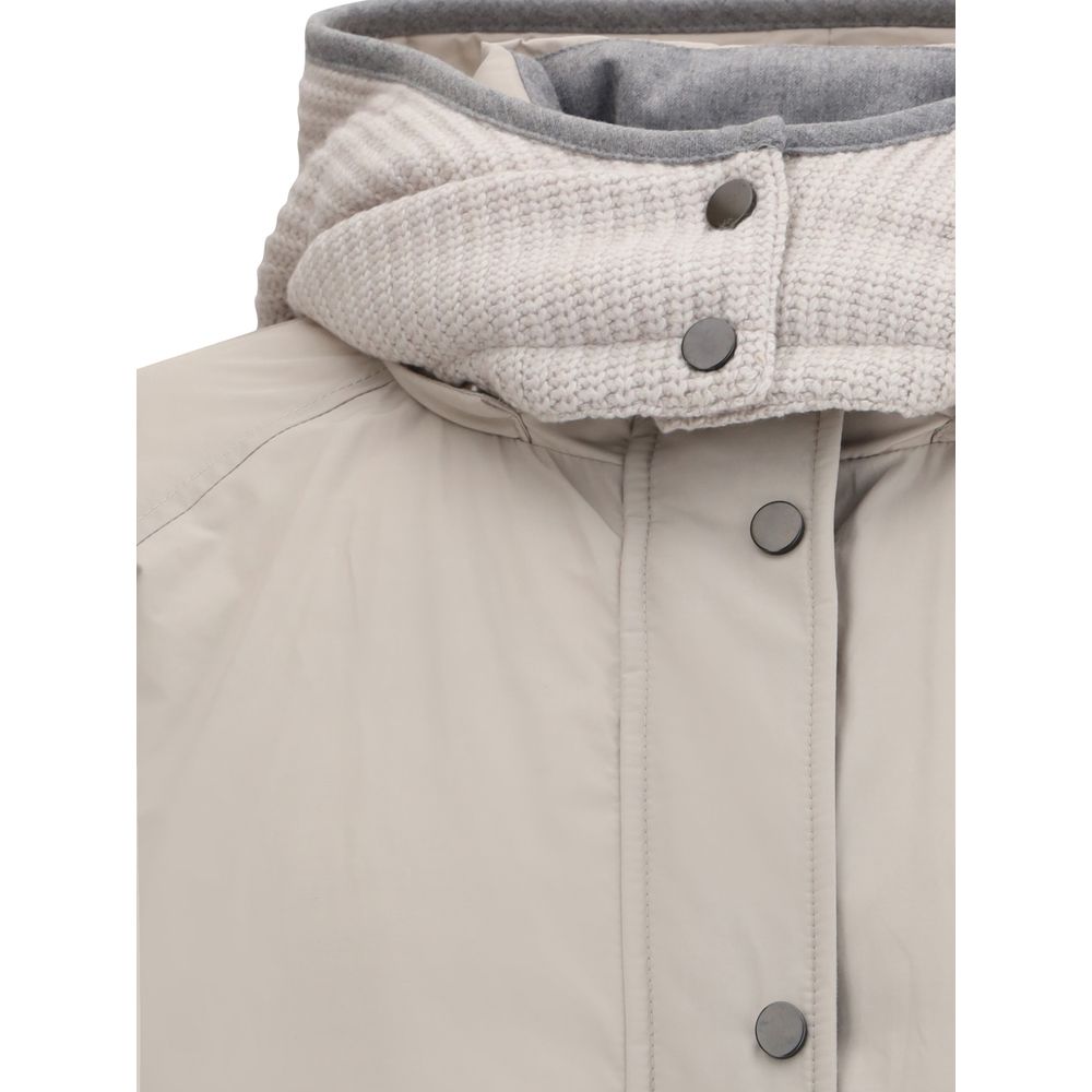 Close-up of Brunello Cucinelli Gray Polyester Coat with reversible hood and button closure.