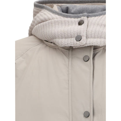 Close-up of Brunello Cucinelli Gray Polyester Coat with reversible hood and button closure.
