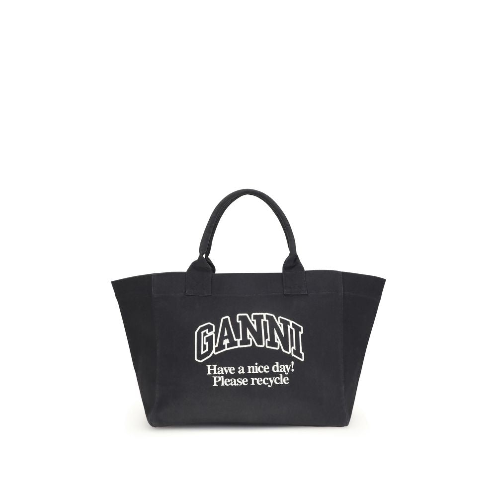 Ganni Black Cotton Shoulder Bag, spacious XXL canvas tote with logo, top handles, and interior pocket, 100% cotton, AW25 season.