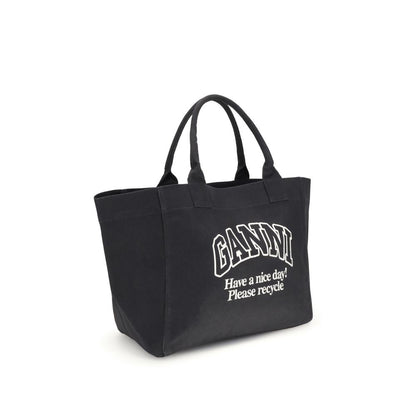 Ganni Black Cotton Shoulder Bag, XXL canvas tote with GANNI logo, featuring top handles and spacious interior, AW25 collection.