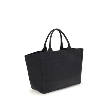 Ganni Black Cotton Shoulder Bag, XXL canvas tote with top handles, featuring GANNI logo and interior zippered pocket.