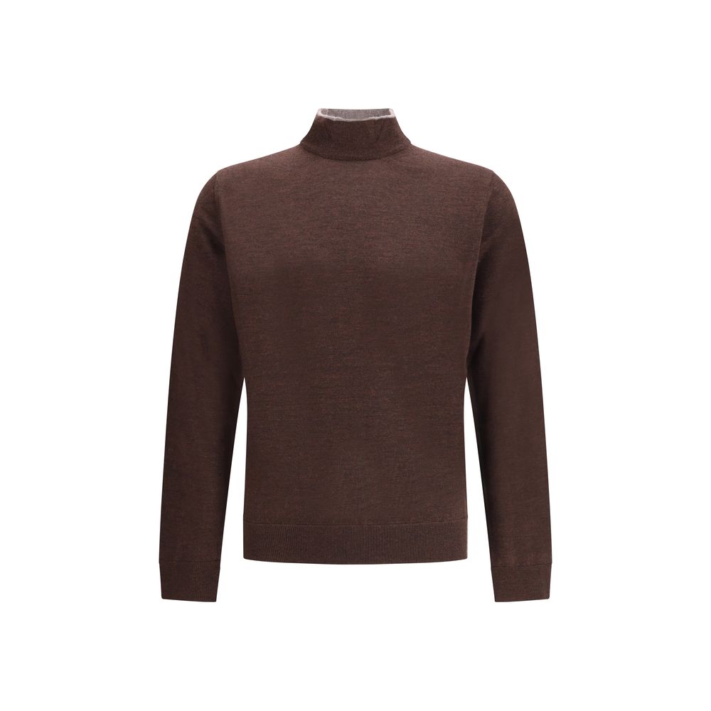 Cruna Brown Wool Turtleneck with high ribbed collar, showcasing elegant design and quality details for AW25 season.