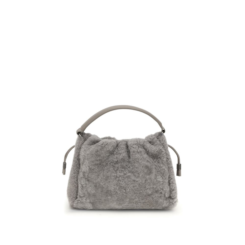 Brunello Cucinelli Gray Fur Shoulder Bag with shearling texture, nickel-free metal details, and leather lining, AW25 collection.