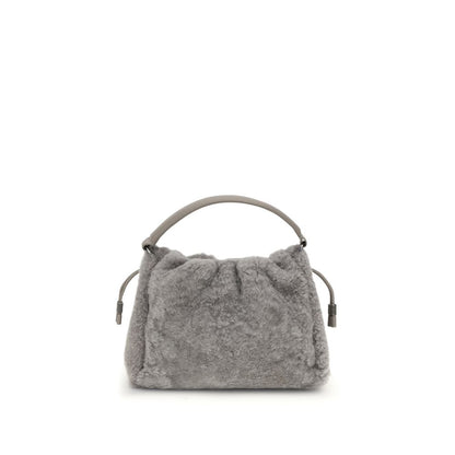 Brunello Cucinelli Gray Fur Shoulder Bag with shearling texture, nickel-free metal details, and leather lining, AW25 collection.