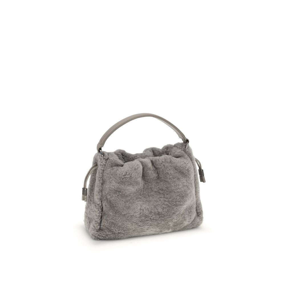 Brunello Cucinelli Gray Fur Shoulder Bag with shearling design, leather lining, and drawstring closure, elegant and compact for fall.