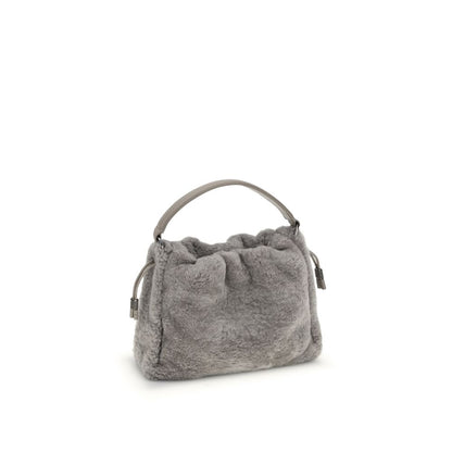 Brunello Cucinelli Gray Fur Shoulder Bag with shearling design, leather lining, and drawstring closure, elegant and compact for fall.