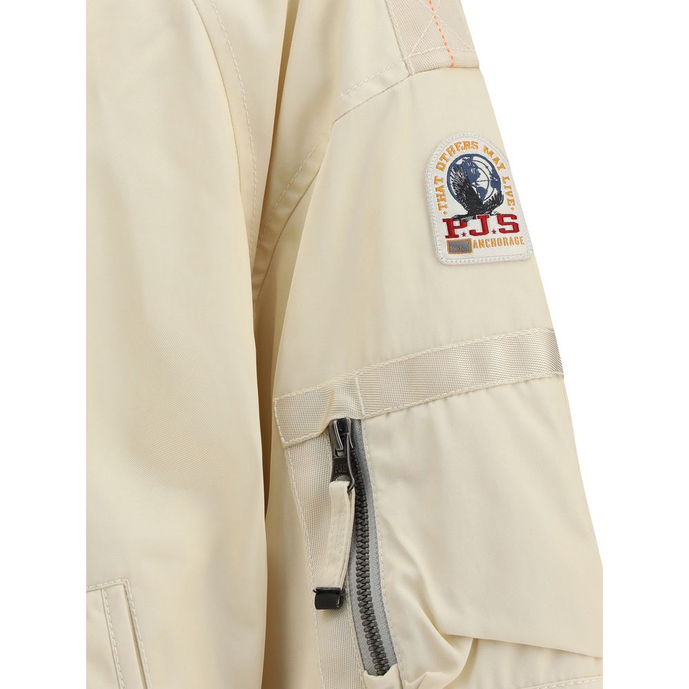 Close-up of Parajumpers White Polyester Clothing with sleeve patch and zippers, showcasing the reversible bomber's unique design.