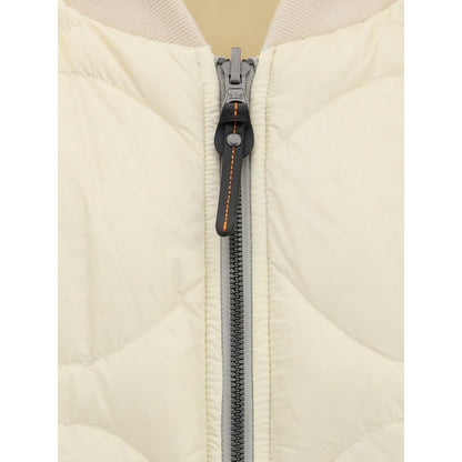 Close-up of Parajumpers White Polyester Clothing showing reversible bomber zipper detail.