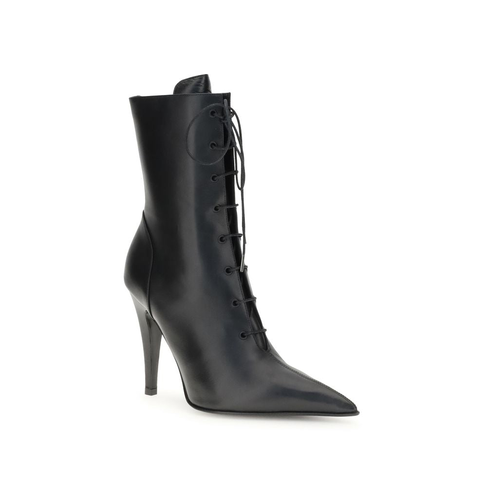 Alexander McQueen Black Calf Leather Bos Taurus Lace-Up Boots with pointed toe and high heel.