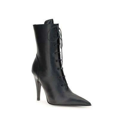 Alexander McQueen Black Calf Leather Bos Taurus Lace-Up Boots with pointed toe and high heel.