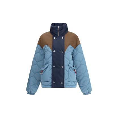 Alt Tag: MARBELL Light Blue Polyamide Coat with double-breasted closure, contrasting shoulder detail, and zipper-snap buttons.