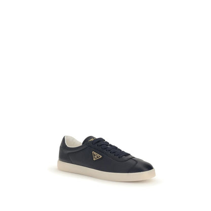 Prada Blue Calf Leather Bos Taurus Low Top Sneakers with embossed logo and lace-up closure.