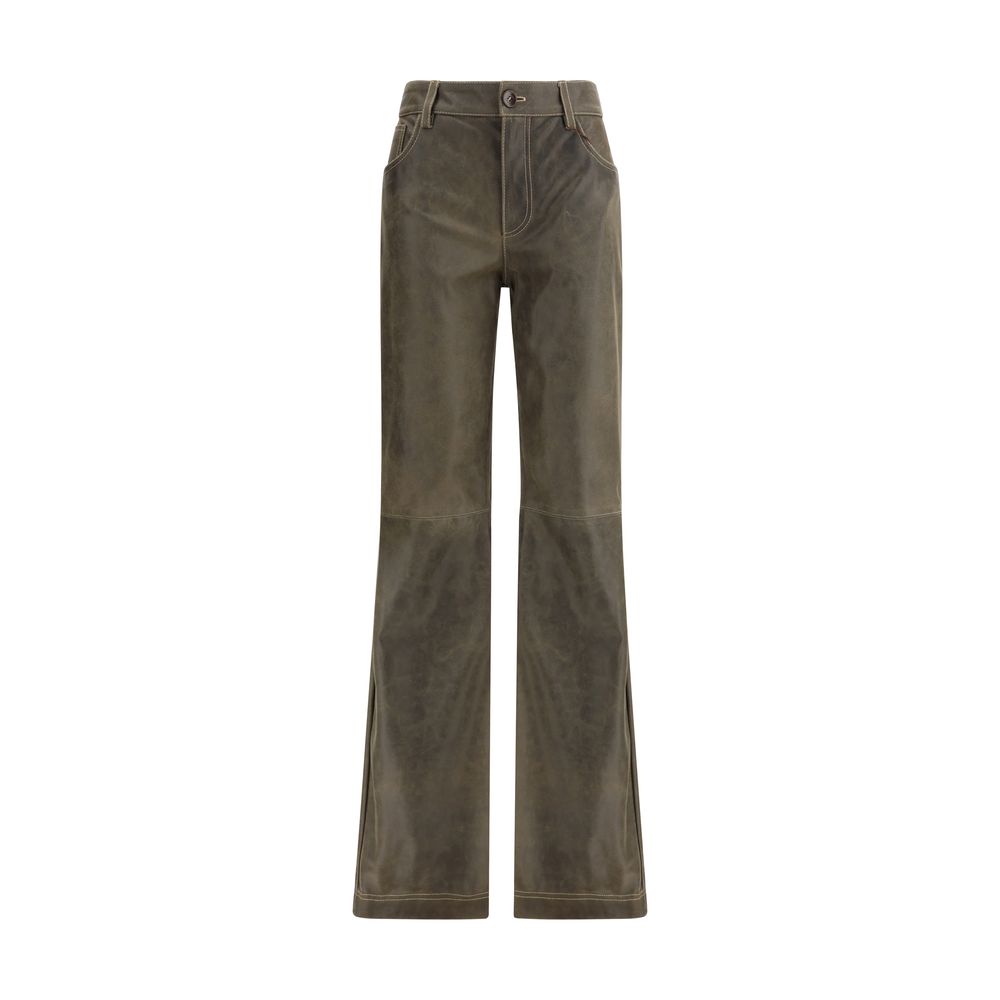 Etro Brown Leather Pants with straight mid-rise fit, zip-and-button closure, and five-pocket design for a stylish, versatile look.