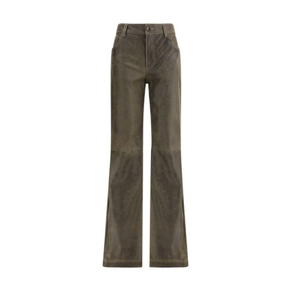 Etro Brown Leather Pants with straight mid-rise fit, zip-and-button closure, and five-pocket design for a stylish, versatile look.