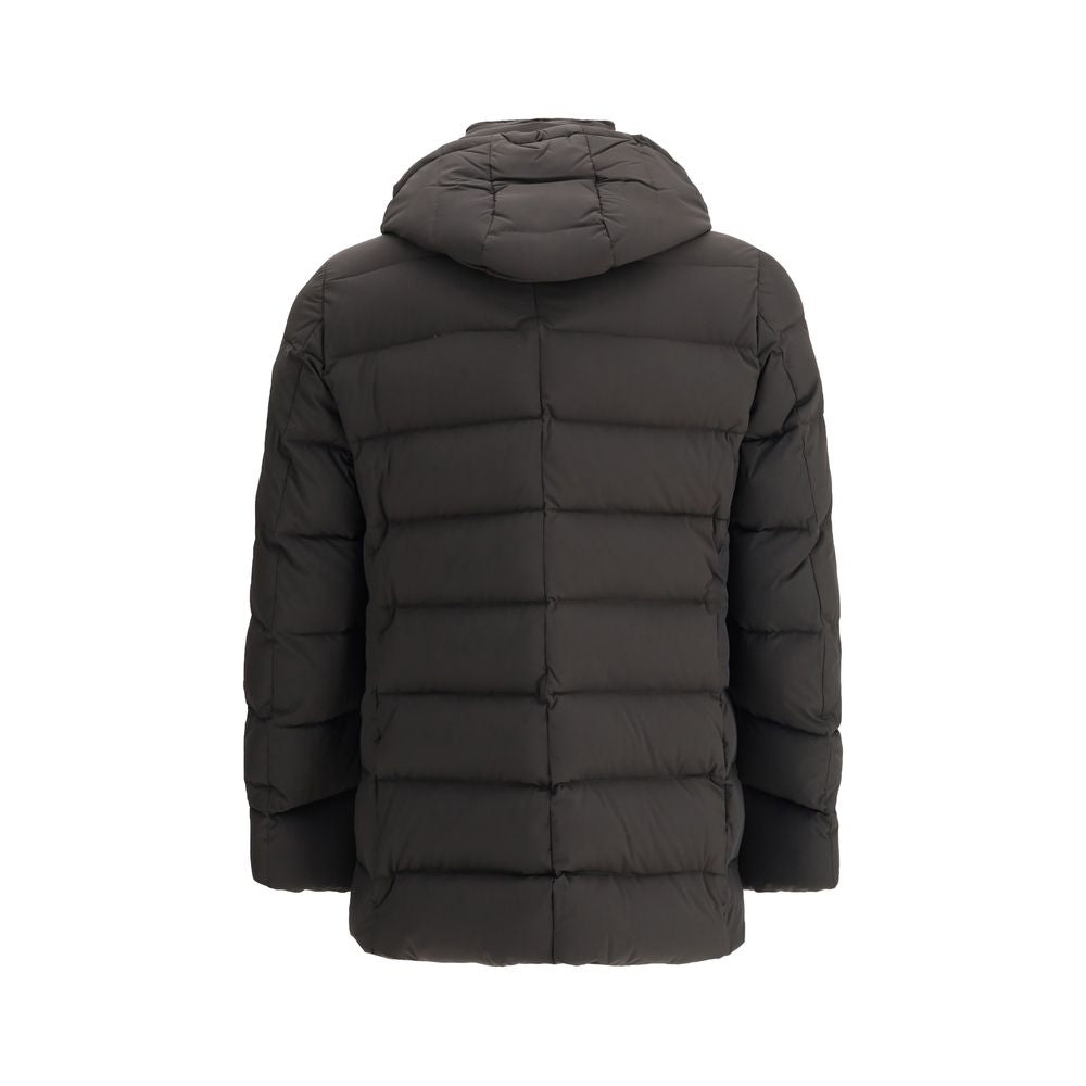 MooRER Black Polyamide Coat with hood and quilted design for warmth, featuring durable, water-repellent fabric, perfect for A/W 25.