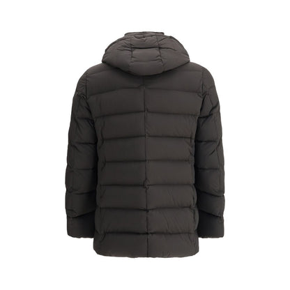 MooRER Black Polyamide Coat with hood and quilted design for warmth, featuring durable, water-repellent fabric, perfect for A/W 25.