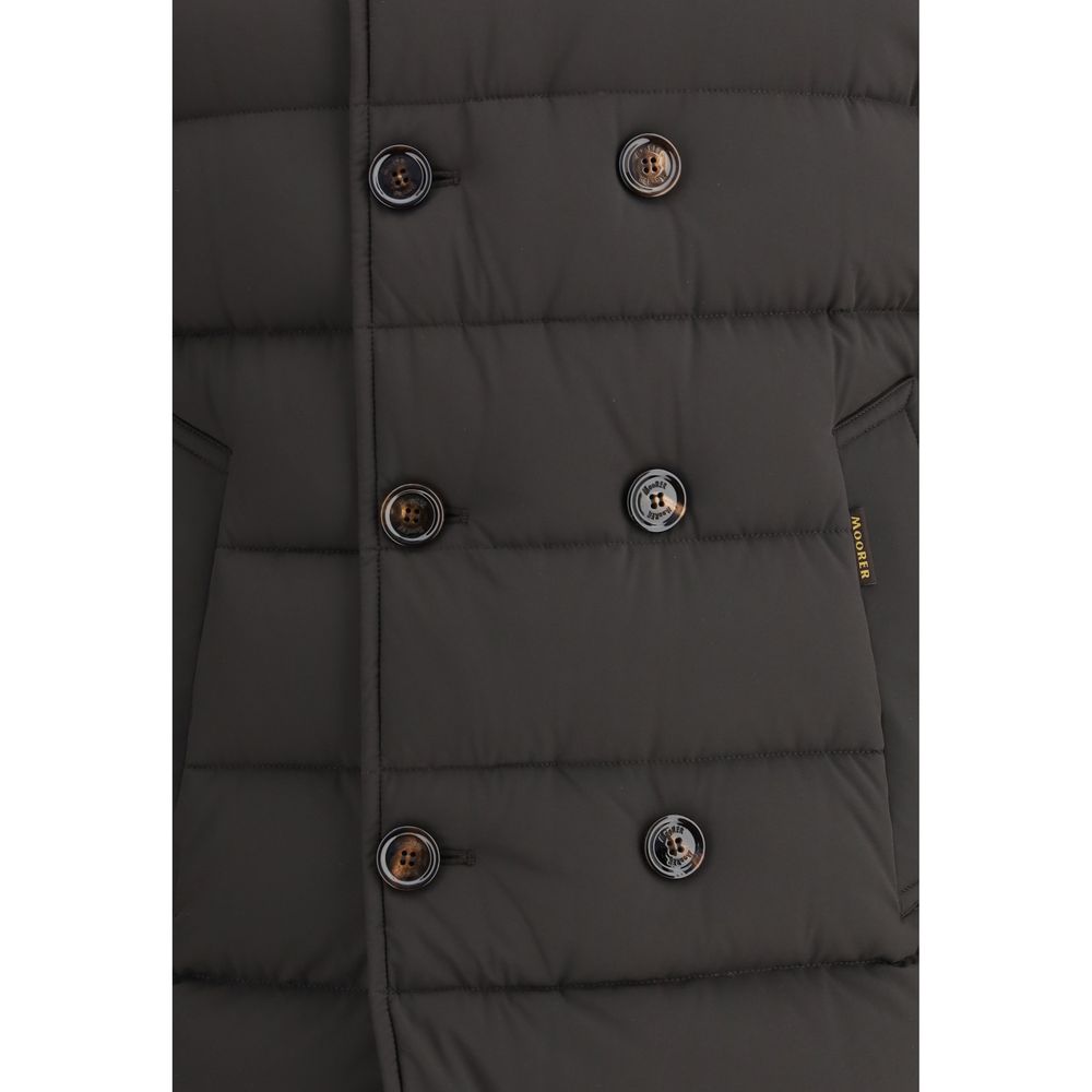 Close-up of MooRER Black Polyamide Coat with double-breasted buttons and water-repellent fabric, emphasizing quilted texture.