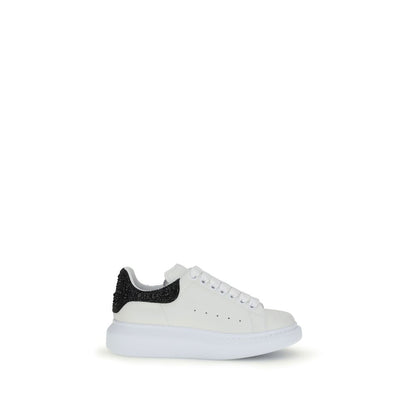 Alexander McQueen White Leather Chunky Sneakers with black crystal heel on thick sole, offering a bold and contemporary look.