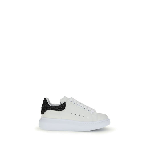 Alexander McQueen White Leather Chunky Sneakers with black crystal heel on thick sole, offering a bold and contemporary look.